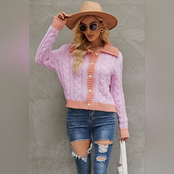 Contrast Collared Neck Cable-Knit Cardigan - Picture 1 of 4